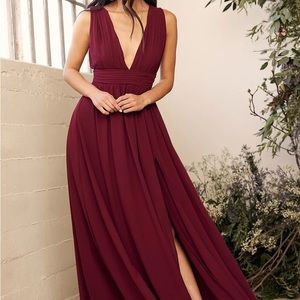 Lulu’s Heavenly Hues Burgundy Deep V Front and Back Formal Maxi Dress